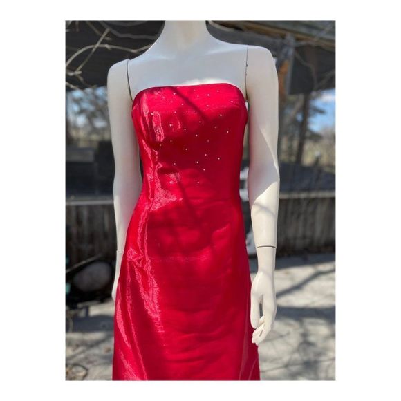 Vintage 90s Jessica McClintock for Gunne Sax Strapless Formal Maxi Dress Red Bea - Picture 15 of 16